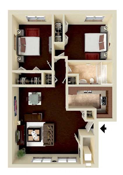 Floor plan for 2 beds, 1 bath, 740 sqft